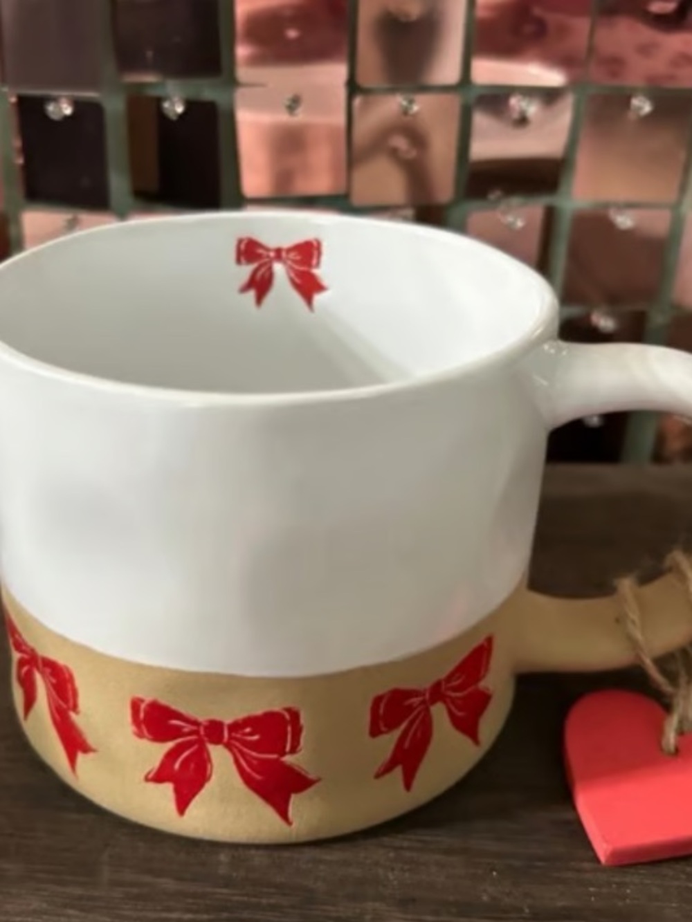 White and Gold Ceramic Mug with Red Bow Pattern